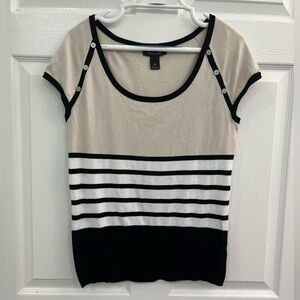 White House Black Market Tan Black White Striped Button Womens Blouse Shirt Top